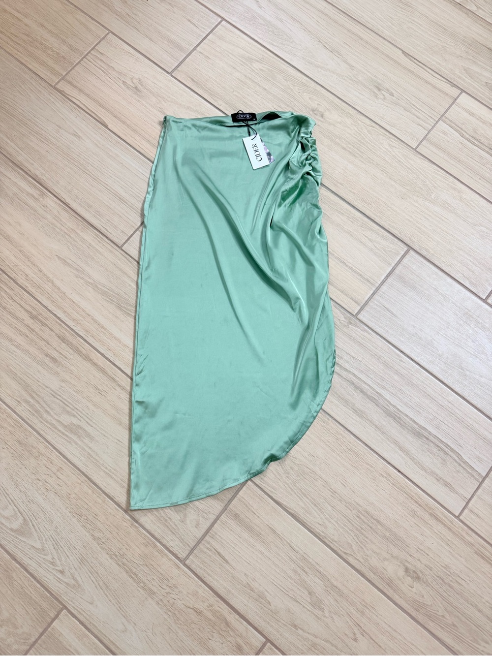 Cider Sage Green Satin Ruched Slit Asymmetrical Maxi Skirt M NWT
